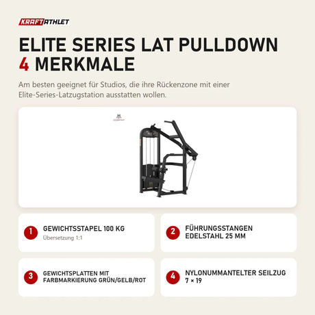 Titanium Strength Elite Series Lat Pulldown mit 4 Merkmalen: Gewichtsstapel 100 kg, Führungsstangen Edelstahl 25 mm, Gewichtsplatten mit Farbmarkierung Grün/Gelb/Rot, Nylonummantelter Seilzug 7 × 19