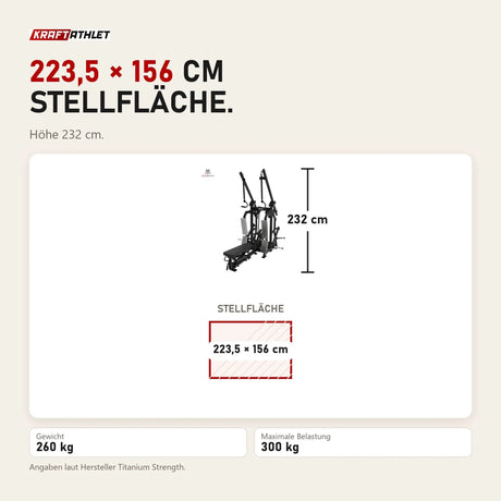 Maßbild Titanium Strength Elite Series Latzug und Ruderzug IsoLateral Combo: Stellfläche 223,5 × 156 cm, Höhe 232 cm
