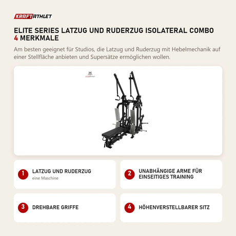 Titanium Strength Elite Series Latzug und Ruderzug IsoLateral Combo mit 4 Merkmalen: Latzug und Ruderzug, Unabhängige Arme für einseitiges Training, Drehbare Griffe, Höhenverstellbarer Sitz