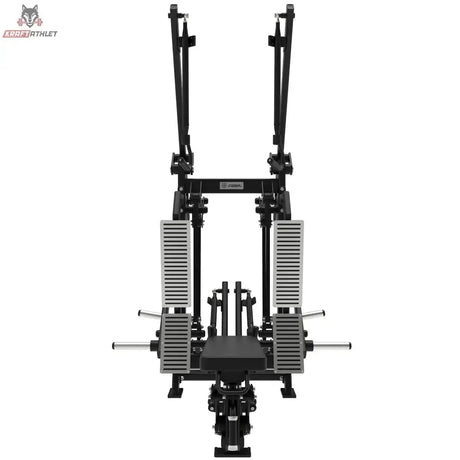 Titanium Strength Elite Series Latzug und Ruderzug IsoLateral Combo – Rückansicht mit zwei Gewichtsstapeln und Mittelsäule
