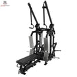 Titanium Strength Elite Series Latzug und Ruderzug IsoLateral Combo – Schrägansicht mit Bank, zwei Hebelarmen und beiden Gewichtstürmen