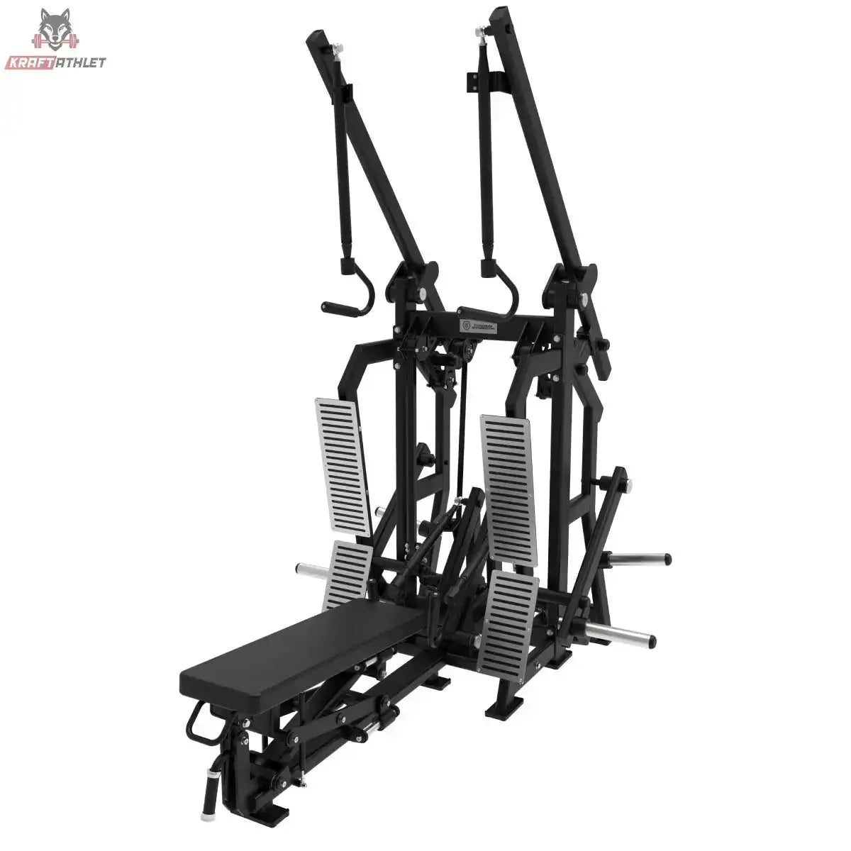 Titanium Strength Elite Series Latzug und Ruderzug IsoLateral Combo – Schrägansicht mit Bank, zwei Hebelarmen und beiden Gewichtstürmen