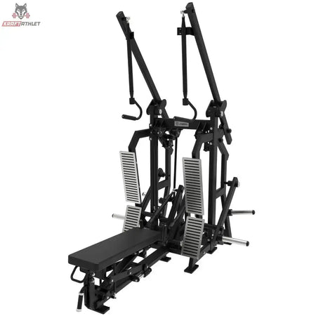 Titanium Strength Elite Series Latzug und Ruderzug IsoLateral Combo – Schrägansicht mit Bank, zwei Hebelarmen und beiden Gewichtstürmen