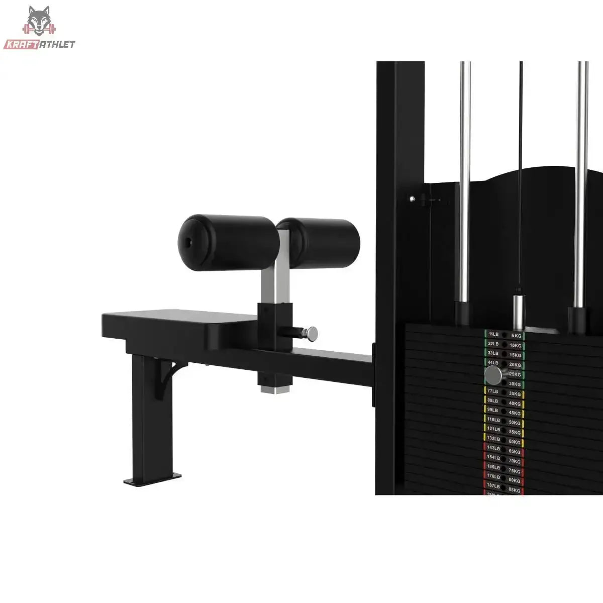 Titanium Strength Elite Series Latzugmaschine – Detail von Sitz, Oberschenkelrolle und Gewichtsstapel