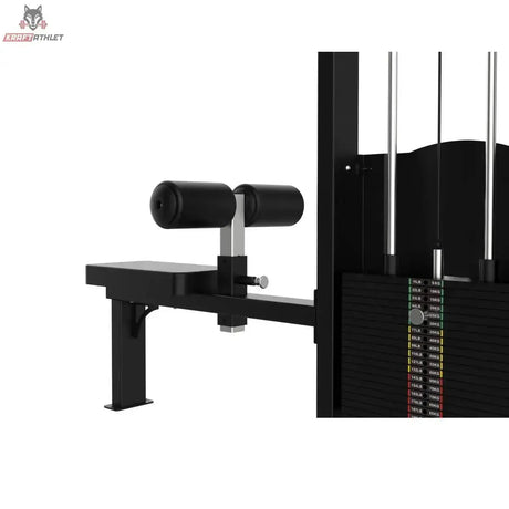 Titanium Strength Elite Series Latzugmaschine – Detail von Sitz, Oberschenkelrolle und Gewichtsstapel