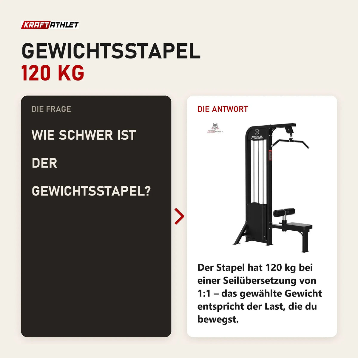 Frage und Antwort zu Titanium Strength Elite Series Latzugmaschine: Wie schwer ist der Gewichtsstapel?
