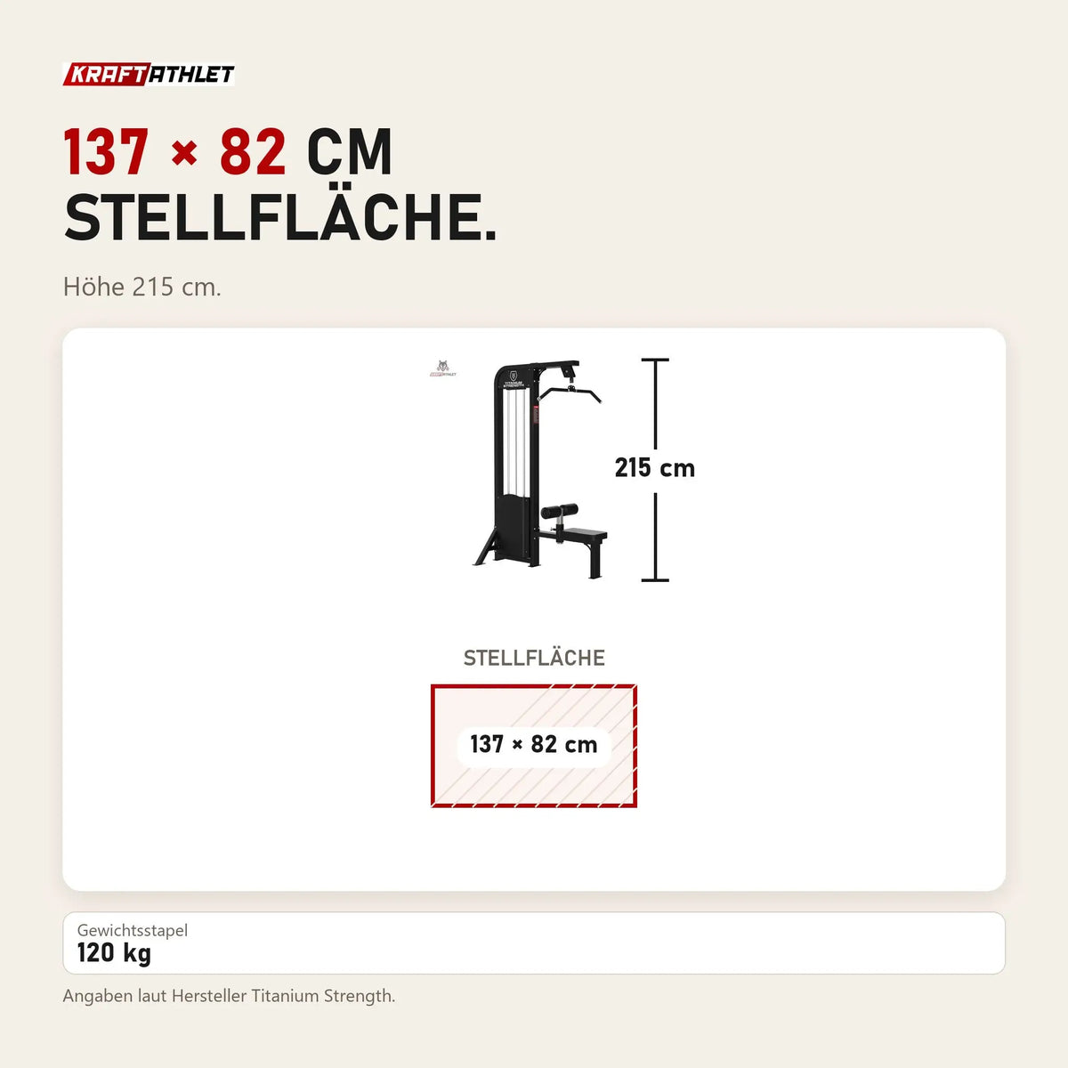 Maßbild Titanium Strength Elite Series Latzugmaschine: Stellfläche 137 × 82 cm, Höhe 215 cm