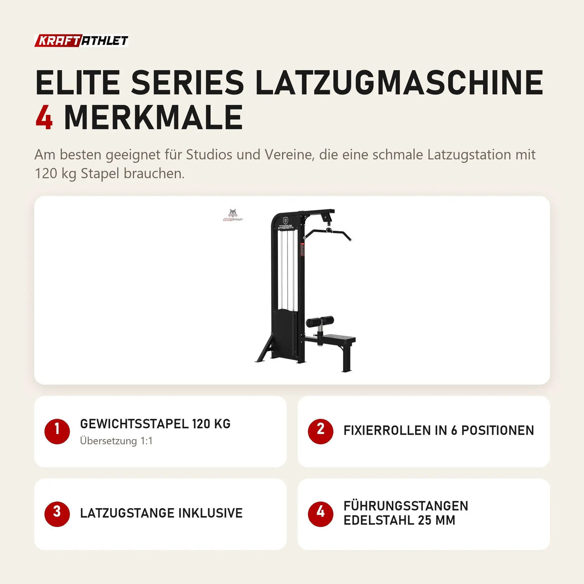Titanium Strength Elite Series Latzugmaschine mit 4 Merkmalen: Gewichtsstapel 120 kg, Fixierrollen in 6 Positionen, Latzugstange inklusive, Führungsstangen Edelstahl 25 mm