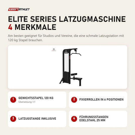 Titanium Strength Elite Series Latzugmaschine mit 4 Merkmalen: Gewichtsstapel 120 kg, Fixierrollen in 6 Positionen, Latzugstange inklusive, Führungsstangen Edelstahl 25 mm