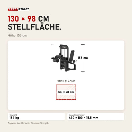 Maßbild Titanium Strength Elite Series Leg Curl und Leg Extension: Stellfläche 130 × 98 cm, Höhe 155 cm