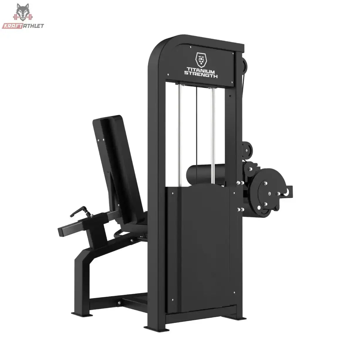Titanium Strength Elite Series Leg Curl und Leg Extension – Schrägansicht von hinten mit Gewichtsturm und Beinhebel