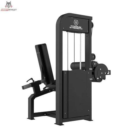 Titanium Strength Elite Series Leg Curl und Leg Extension – Schrägansicht von hinten mit Gewichtsturm und Beinhebel