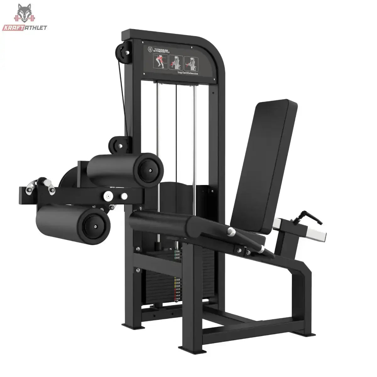 Titanium Strength Elite Series Leg Curl und Leg Extension – Schrägansicht mit Beinpolstern, Sitz und Gewichtsturm