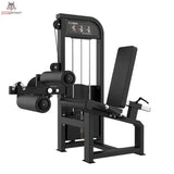 Titanium Strength Elite Series Leg Curl und Leg Extension – Schrägansicht mit Beinpolstern, Sitz und Gewichtsturm