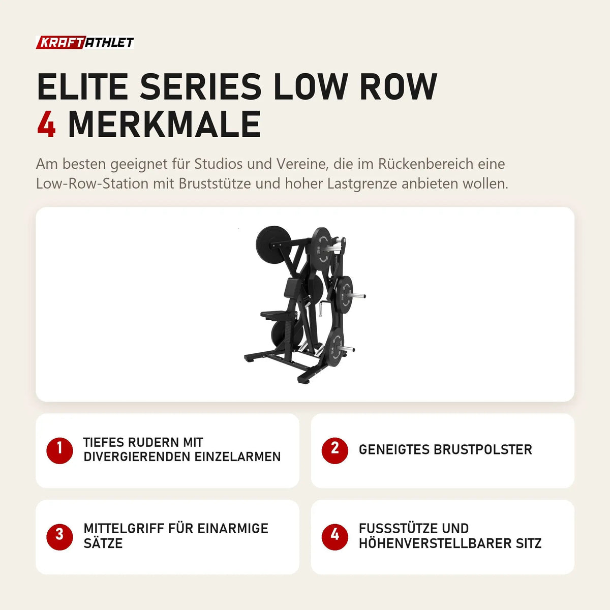 Titanium Strength Elite Series Low Row mit 4 Merkmalen: Tiefes Rudern mit divergierenden Einzelarmen, Geneigtes Brustpolster, Mittelgriff für einarmige Sätze, Fußstütze und höhenverstellbarer Sitz