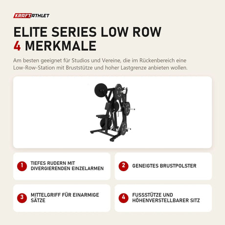 Titanium Strength Elite Series Low Row mit 4 Merkmalen: Tiefes Rudern mit divergierenden Einzelarmen, Geneigtes Brustpolster, Mittelgriff für einarmige Sätze, Fußstütze und höhenverstellbarer Sitz