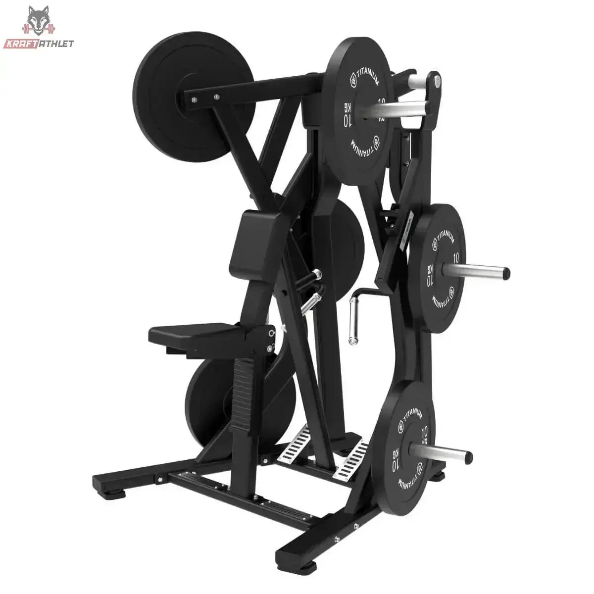 Titanium Strength Elite Series Low Row in Schrägansicht, mit Hantelscheiben beladen und schwarzem Rahmen