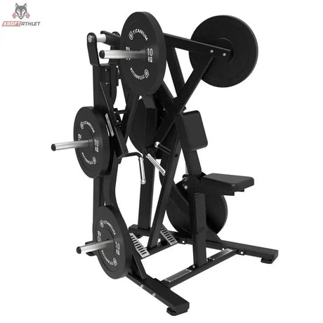 Titanium Strength Elite Series Low Row in Schrägansicht von hinten mit Sitz und beladenen Hebelarmen
