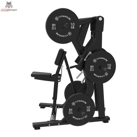 Titanium Strength Elite Series Low Row in Seitenansicht mit Hantelscheiben, Sitz und Brustpolster
