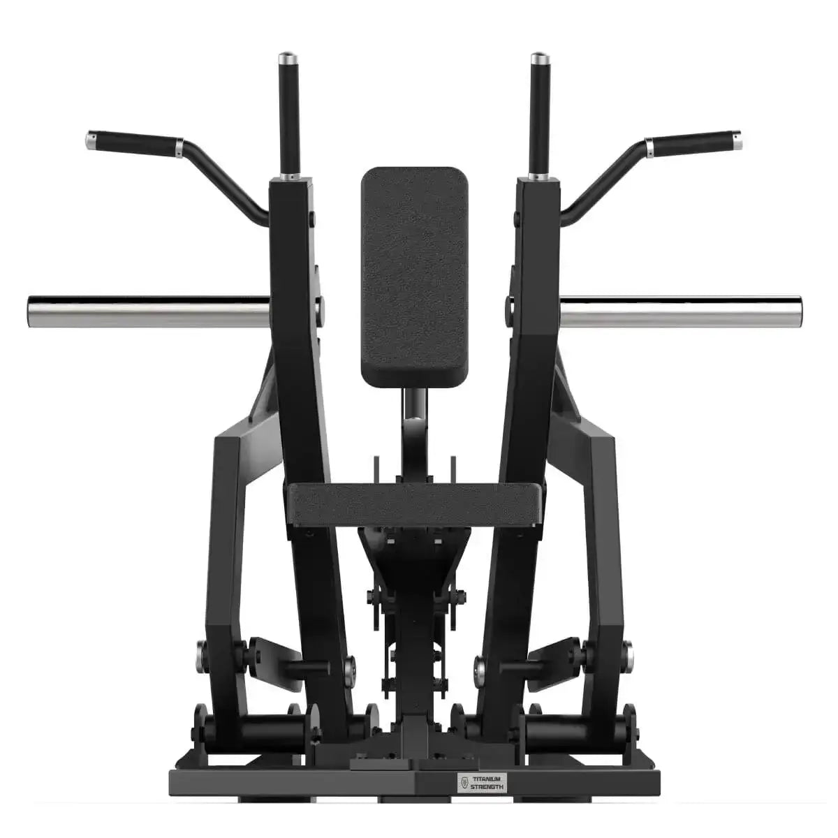 Titanium Strength Elite Series Multi-Grip IsoLateral Rudergerät in Schwarz, Frontansicht mit Brustpolster und Mehrfachgriffen