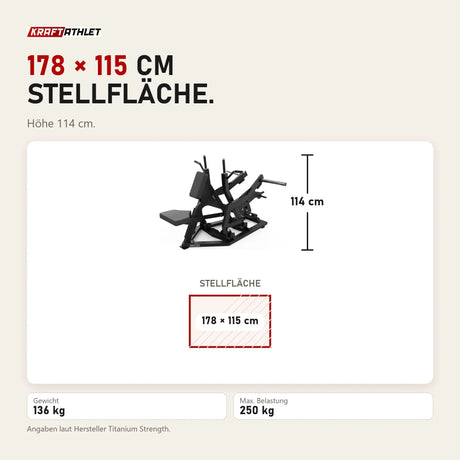 Maßbild Titanium Strength Elite Series Multi-Grip IsoLateral Rudergerät: Stellfläche 178 × 115 cm, Höhe 114 cm