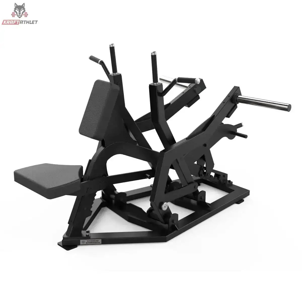 Titanium Strength Elite Series Multi-Grip IsoLateral Rudergerät in Schwarz, Schrägansicht mit Brustpolster und Griffen