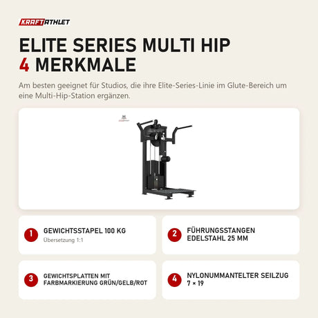 Titanium Strength Elite Series Multi Hip mit 4 Merkmalen: Gewichtsstapel 100 kg, Führungsstangen Edelstahl 25 mm, Gewichtsplatten mit Farbmarkierung Grün/Gelb/Rot, Nylonummantelter Seilzug 7 × 19