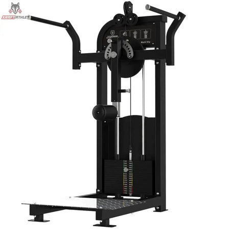 Titanium Strength Elite Series Multi Hip – Schrägansicht von rechts mit Plattform und Gewichtsturm