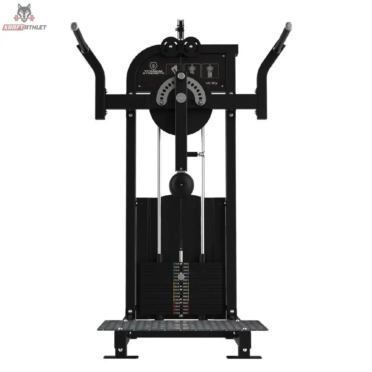 Titanium Strength Elite Series Multi Hip – Frontansicht mit Drehscheibe, Hebelpolster und Plattform