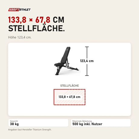 Maßbild Titanium Strength Elite Series Multi-Verstellbare Bank: Stellfläche 133,8 × 67,8 cm, Höhe 123,4 cm