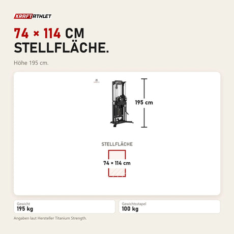 Maßbild Titanium Strength Elite Series Multiflight: Stellfläche 74 × 114 cm, Höhe 195 cm