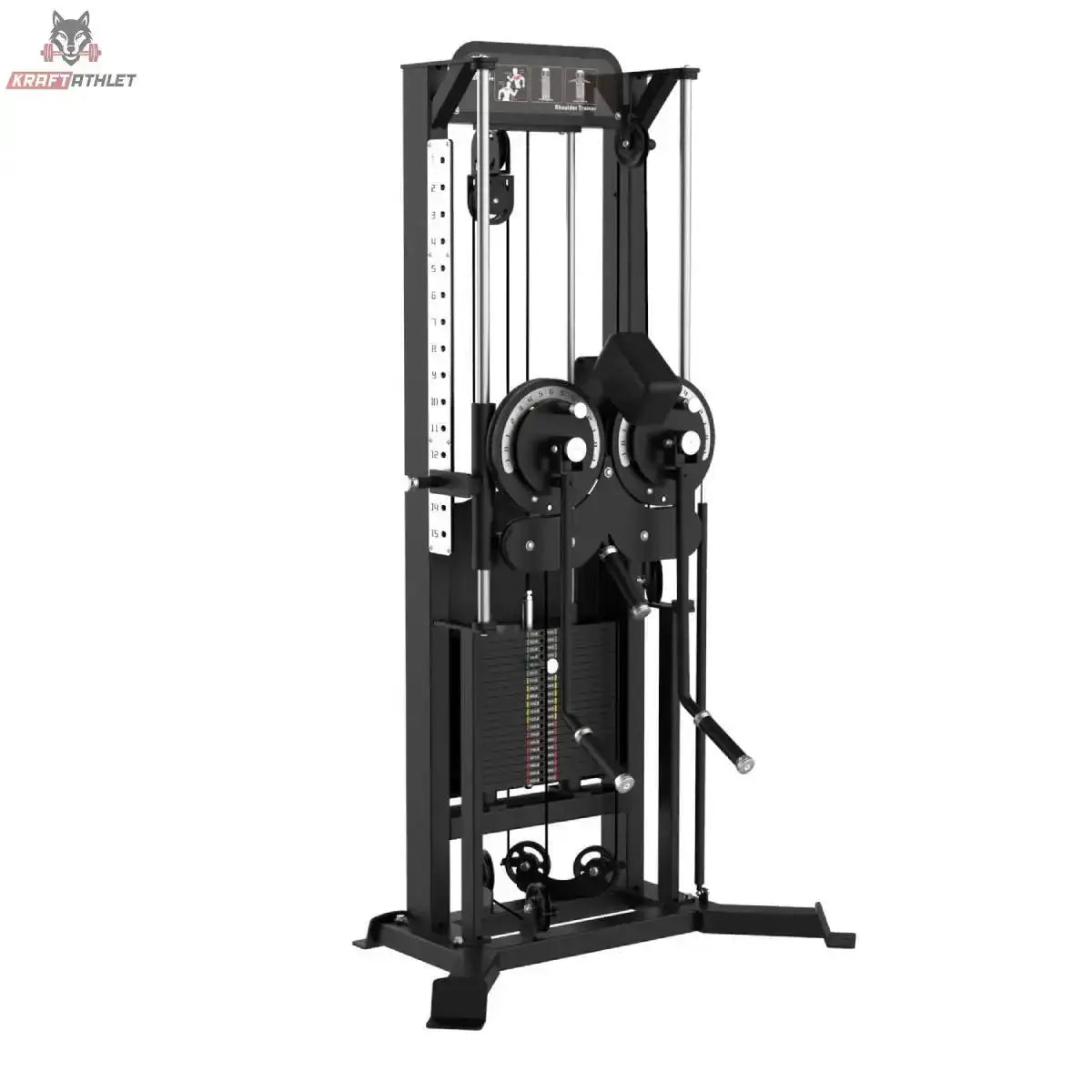 Titanium Strength Elite Series Multiflight – Schrägansicht mit zwei Seilzügen und Gewichtsturm