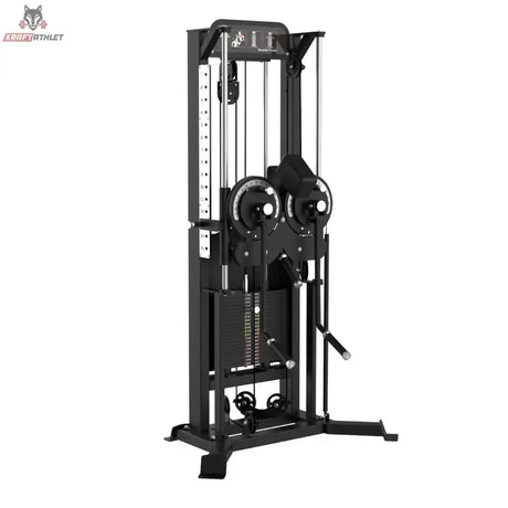 Titanium Strength Elite Series Multiflight – Schrägansicht mit zwei Seilzügen und Gewichtsturm