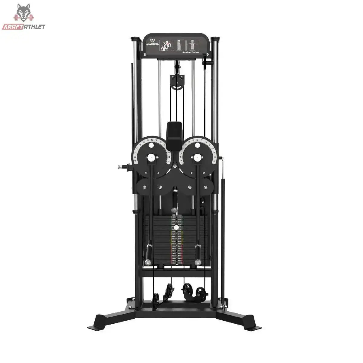 Titanium Strength Elite Series Multiflight – Frontansicht mit beiden Seilrollen und Standfuß