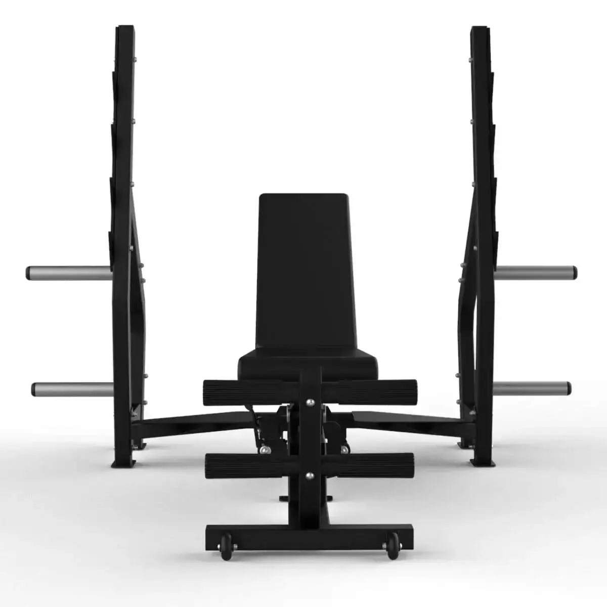 Titanium Strength Elite Series Multipositions-Olympiabank: Frontansicht mit aufgestellter Rückenlehne und Ablagen