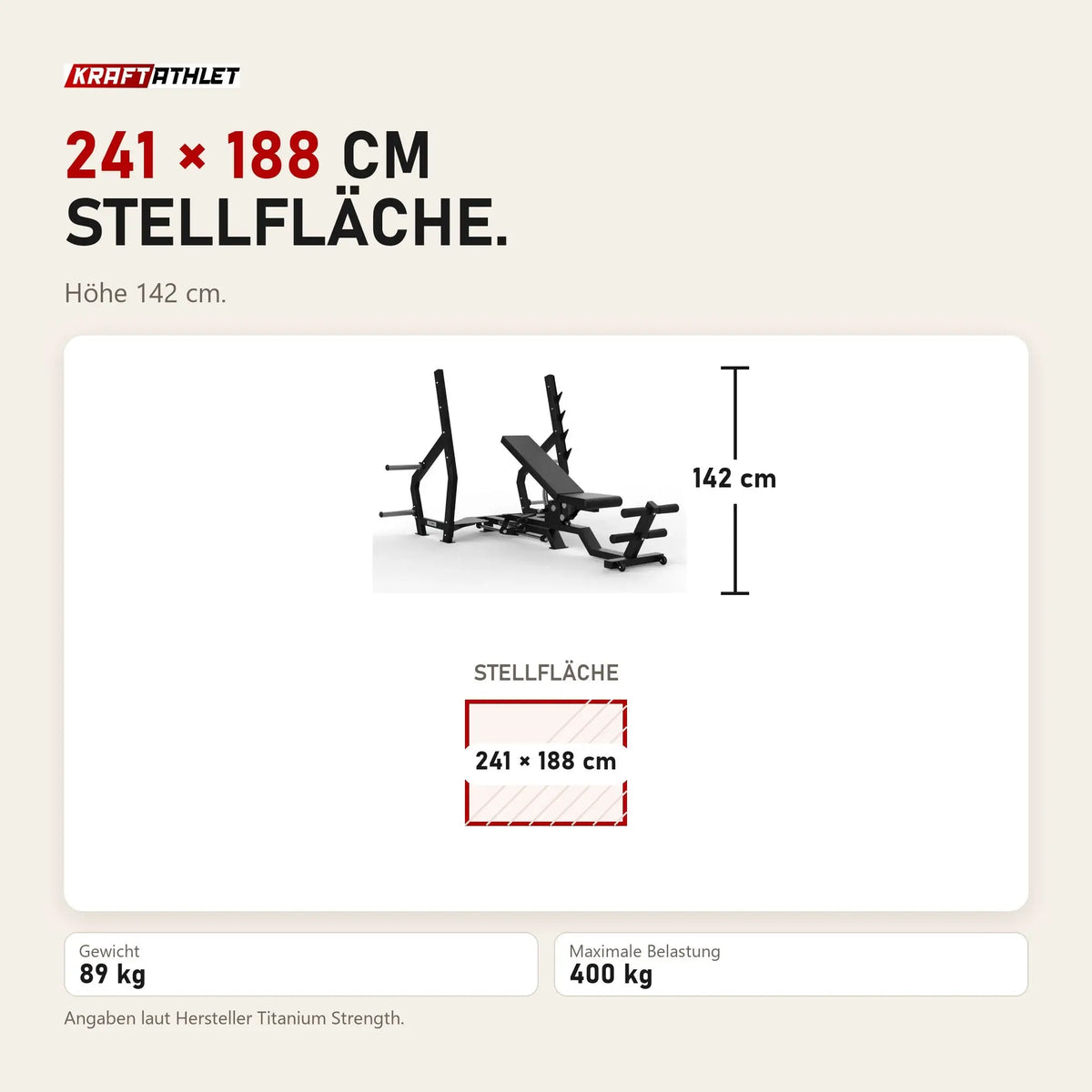 Maßbild Titanium Strength Elite Series Multipositions-Olympiabank: Stellfläche 241 × 188 cm, Höhe 142 cm