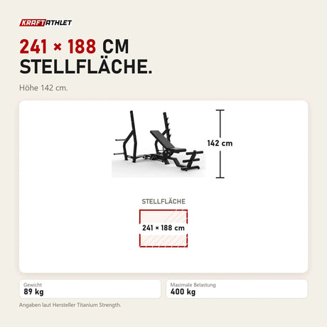 Maßbild Titanium Strength Elite Series Multipositions-Olympiabank: Stellfläche 241 × 188 cm, Höhe 142 cm