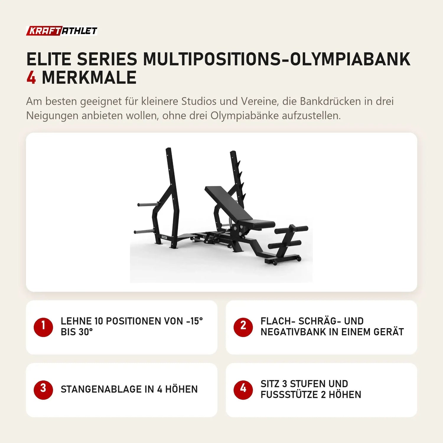 Titanium Strength Elite Series Multipositions-Olympiabank mit 4 Merkmalen: Lehne 10 Positionen von -15° bis 30°, Flach- Schräg- und Negativbank in einem Gerät, Stangenablage in 4 Höhen, Sitz 3 Stufen und Fußstütze 2 Höhen