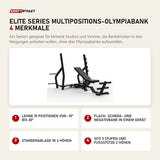 Titanium Strength Elite Series Multipositions-Olympiabank mit 4 Merkmalen: Lehne 10 Positionen von -15° bis 30°, Flach- Schräg- und Negativbank in einem Gerät, Stangenablage in 4 Höhen, Sitz 3 Stufen und Fußstütze 2 Höhen
