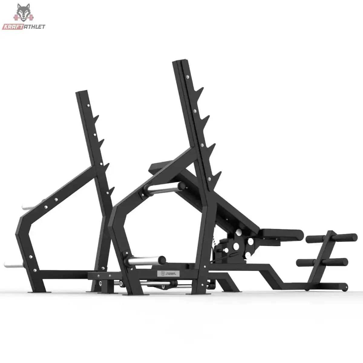 Titanium Strength Elite Series Multipositions-Olympiabank: Schrägansicht von hinten mit Ablagehaken und Rahmen