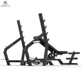 Titanium Strength Elite Series Multipositions-Olympiabank: Schrägansicht von hinten mit Ablagehaken und Rahmen