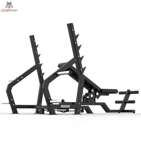 Titanium Strength Elite Series Multipositions-Olympiabank: Schrägansicht von hinten mit Ablagehaken und Rahmen