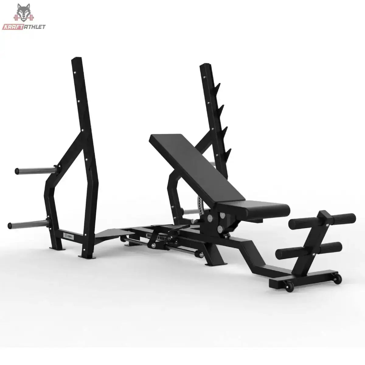 Titanium Strength Elite Series Multipositions-Olympiabank: Schrägansicht mit Hantelablagen und Beinfixierung