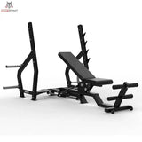 Titanium Strength Elite Series Multipositions-Olympiabank: Schrägansicht mit Hantelablagen und Beinfixierung