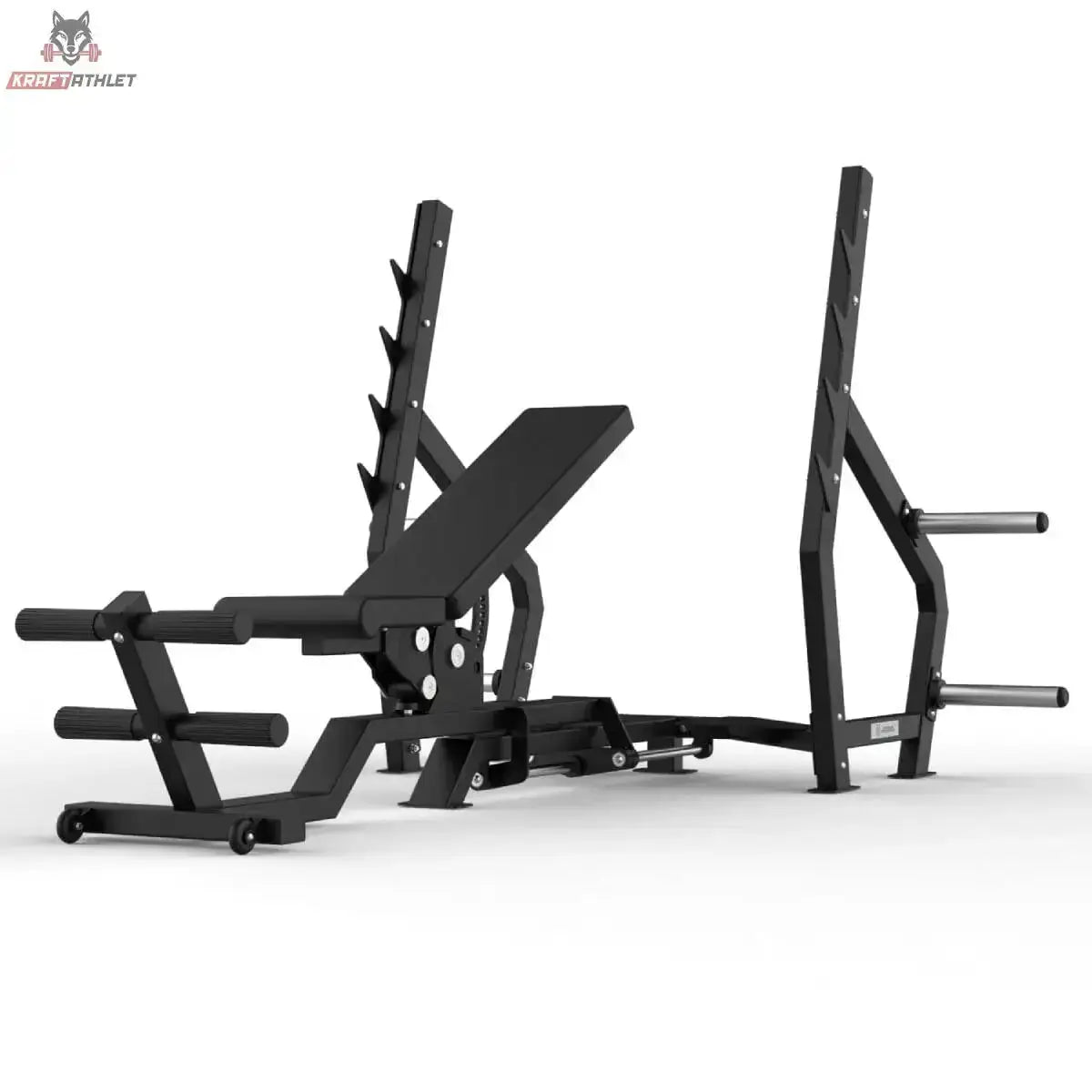 Titanium Strength Elite Series Multipositions-Olympiabank: Seitenansicht mit geneigter Lehne und Hantelständern