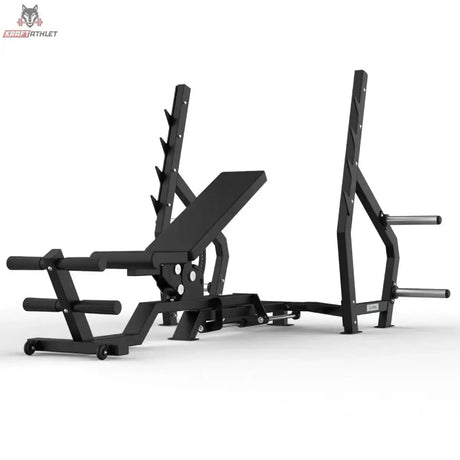 Titanium Strength Elite Series Multipositions-Olympiabank: Seitenansicht mit geneigter Lehne und Hantelständern
