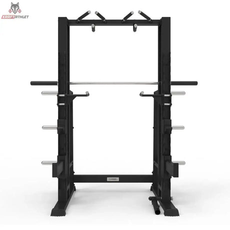 Titanium Strength Elite Series Multipower Smith Machine + Rack Plus in Schwarz, Frontansicht mit Klimmzuggriffen oben
