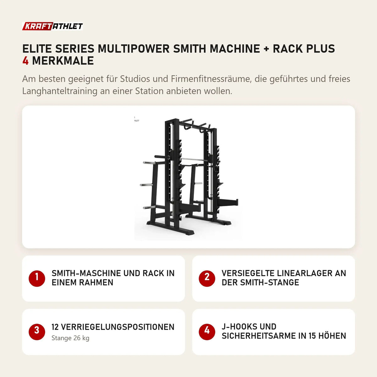Titanium Strength Elite Series Multipower Smith Machine + Rack Plus mit 4 Merkmalen: Smith-Maschine und Rack in einem Rahmen, Versiegelte Linearlager an der Smith-Stange, 12 Verriegelungspositionen, J-Hooks und Sicherheitsarme in 15 Höhen
