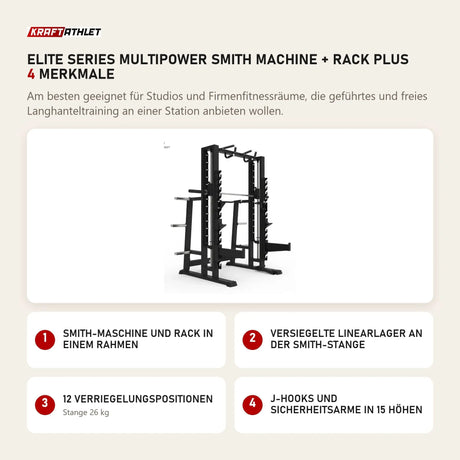 Titanium Strength Elite Series Multipower Smith Machine + Rack Plus mit 4 Merkmalen: Smith-Maschine und Rack in einem Rahmen, Versiegelte Linearlager an der Smith-Stange, 12 Verriegelungspositionen, J-Hooks und Sicherheitsarme in 15 Höhen