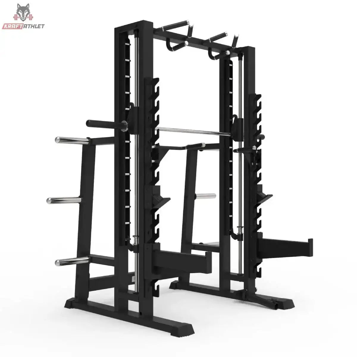Titanium Strength Elite Series Multipower Smith Machine + Rack Plus in Schwarz, Schrägansicht mit Hantelstange und Scheibenhaltern